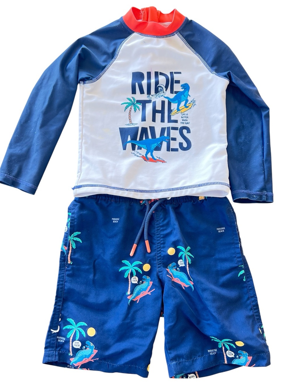 Toddler Kids Rashguard & Shorts Set  'Ride‎ The Waves' Navy & White 3T